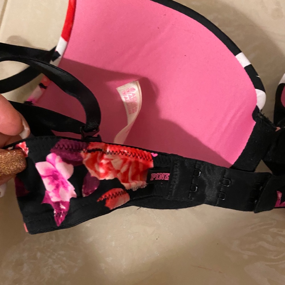 PINK Victoria's Secret Black & Pink Floral Logo Push-Up Bra - Picture 3 of 5